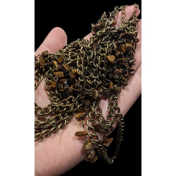 Multilayer Tiger Eye Chip Antiqued Gold Tone Chain Necklace - Picture 7 of 8